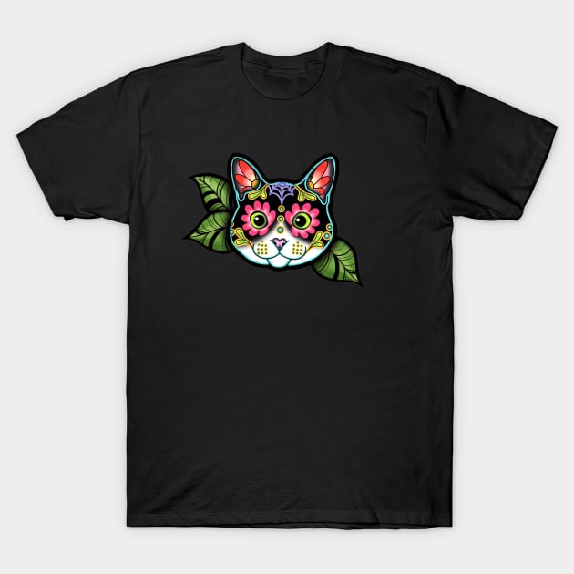 Tuxedo Cat - Day of the Dead Black and White Sugar Skull Kitty T-Shirt by prettyinink